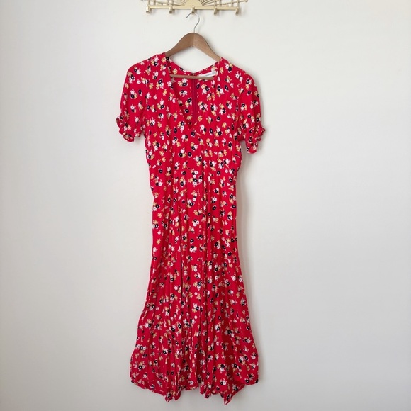 Faithfull The Brand Dress 4 Ari Jasmine Red Floral Midi - Picture 1 of 11